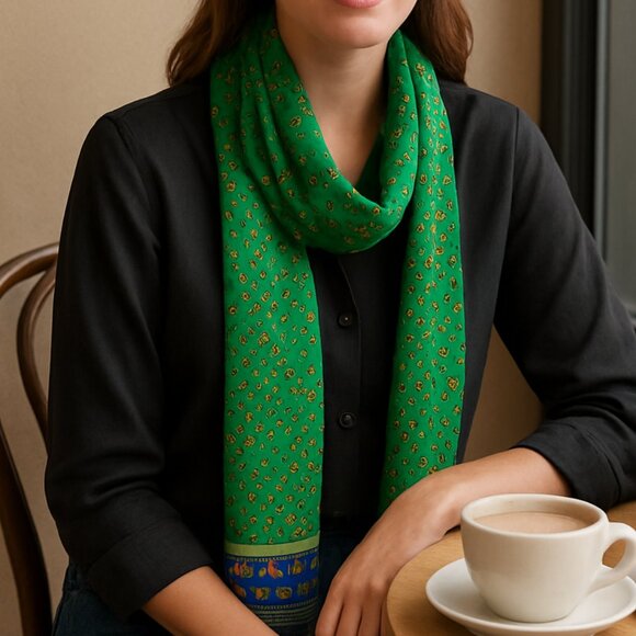 Vintage Hand Rolled Silk Long Scarf Kelly Green & Cobalt Blue Geometric Pattern - Picture 2 of 6